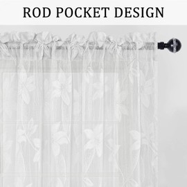 DWCN White Lace Sheer Curtains - 84 inches Long Floral Lace Design Rod Pocket Window Voile Sheer Drapes for Bedroom Living Room 52 x 84 inches Long Curtain Panels, Set of 2, White