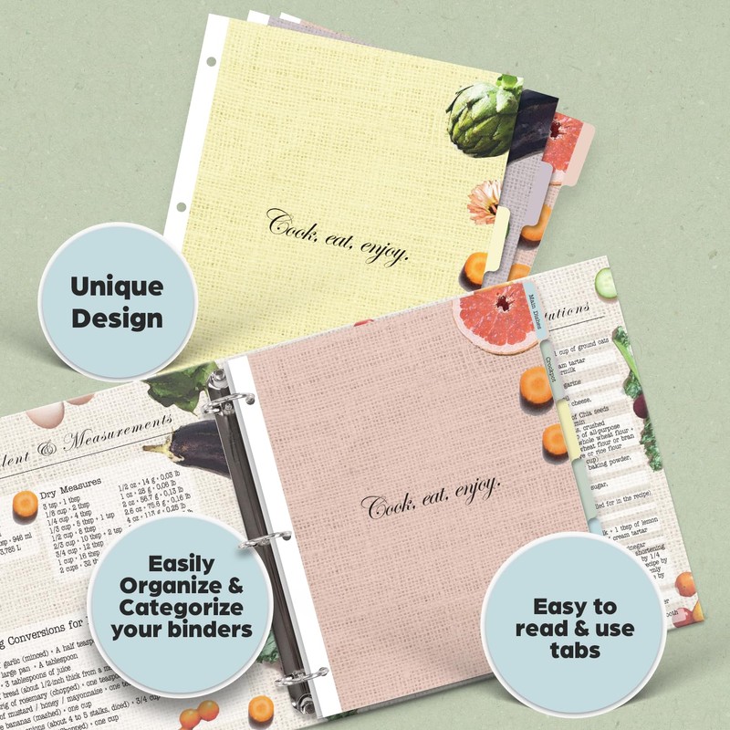 Dividers with Tabs for Recipe Binder, 12 Dividers for 3