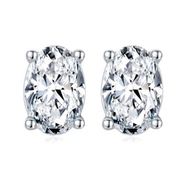 Bellitia Jewelry White Gold-Plated 925 Sterling Silver CZ Birthstone Stud Earrings with Oval Gemstone, Simulated Diamond Solitaire Earrings for Women Ladies Girls, Sterling Silver, Cubic Zirconia