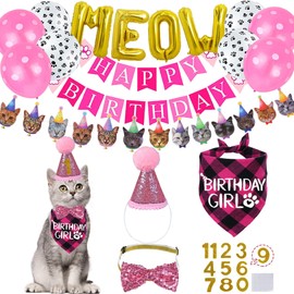 STMK Cat Birthday Party Supplies, Cat Birthday Hat Bandana Bow Tie Collar Birthday Number Cat Birthday Banner Garland Meow Letter Balloons for Cat Kitten Birthday Outfits Decorations (Pink)