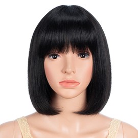 JOEDIR HAIR Bob Human Hair Wig with Bangs Straight Black Hair 10 Inch Short Bob Wig with Bangs for Black Women (Color: 1B)