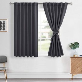 Hiasan Dark Grey Curtains 45 inch Long, Light Blocking Thermal Insulated Rod Pocket & Back Tab Blackout Drapes Sewn with Tiebacks for Nursery Bedroom Dining Living Room, 52-inch Wide, 2 Pieces