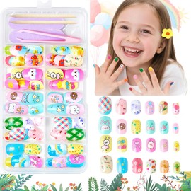 Press on Nails for Kids 120Pcs Children Acrylic Fake Nails Rabbit Glue on Nails Glossy Full Cover False Nail Colorful Short Square Stick on Nail Art Kits Sets for Kids Girls Cute Manicure