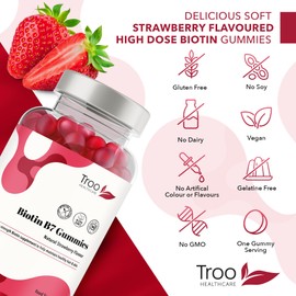 Biotin 5000mcg Hair, Skin and Nail Growth Support Gummy Supplement - 60 Natural Strawberry Flavour Chewable Gummies - 5 Months Supply – Vegan Friendly – for Men and Women