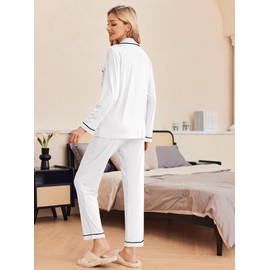 Ekouaer Pajamas Women's Long Sleeve Sleepwear Soft Button Down Loungewear Pjs Lounge Set Nightwear,White,Medium