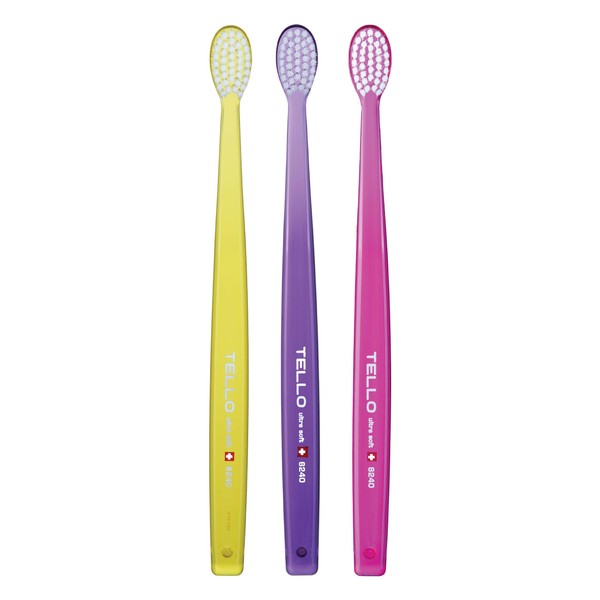 TELLO 6240 Adult Ultra Soft Swiss Toothbrush for Gentle Cleaning with Ergonomic Handle, Assorted Colors, 3 Count