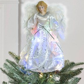 GLAITC Christmas Tree Topper,LED Fair Angel Xmas Tree Topper Christmas Tree Decoration White Fairy Angel Decor with Feathers Wings Xmas Tree Ornament for Christmas Xmas Party Bar Bedroom Decorations