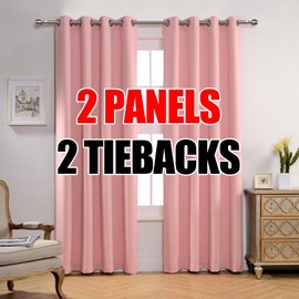 MIUCO Room Darkening Soild Grommet Blackout Curtains Panels for Nursery Window Curtains Set of 2 52x95 Inch Pink, Bonus 2 Tie Backs Included