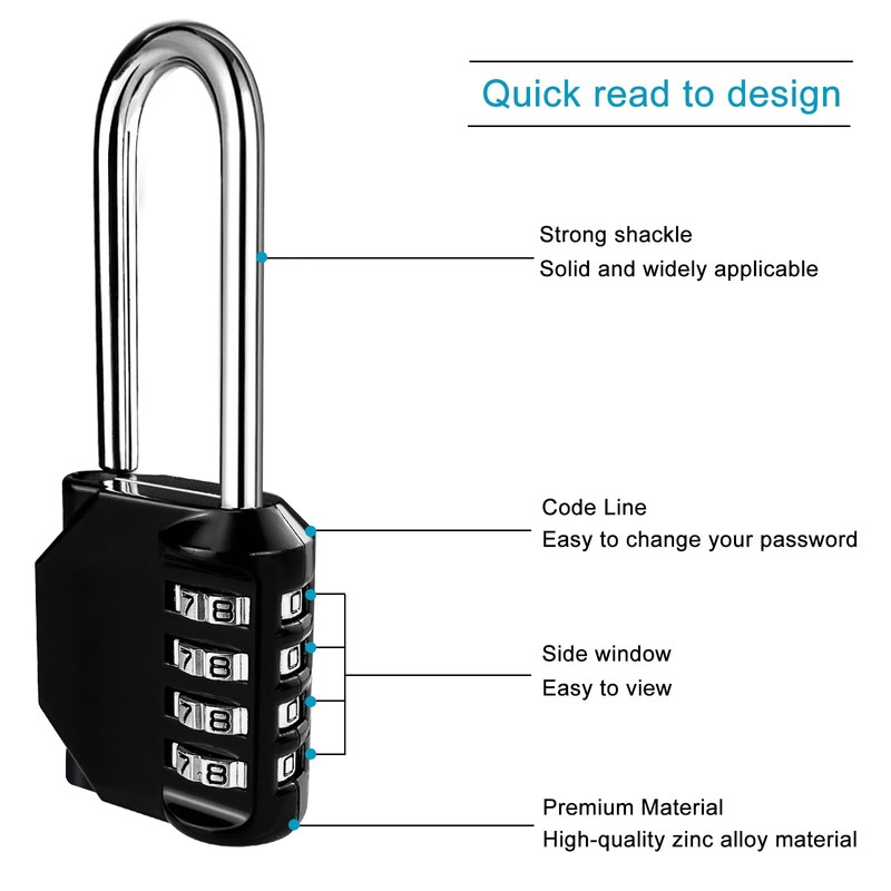 Diompirux Set of 2 Combination Lock with Shackle Long, 4