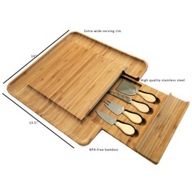 100% Bamboo Cheese Board with Cutlery Set | Wooden Serving Platter with Slide-out Drawer & 4 Piece Stainless Steel Serving Set | Novelty Housewarming, Wedding Gift Idea | Premium Design BPA Free