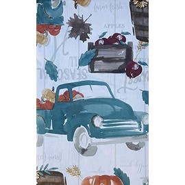 Farm Fresh Fall Harvest Teal Trucks, Pumpkins, Apples & Sunflowers on Rustic White Wood Vinyl Flannel Back Tablecloth (52 x 52 Square)