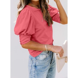 SimpleFun Cute Summer Tops for Women 2024 Trendy Puff Sleeve Shirts for Mom (Watermelon Red,L)