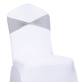 MDS Pack of 200 Spandex Chair Sashes Bows Elastic Stretch Dining Chair Bands Ties Without Slider Buckle Universal fits for Wedding Baby Shower Birthday Party Banquet Event Decoration - Light Silver
