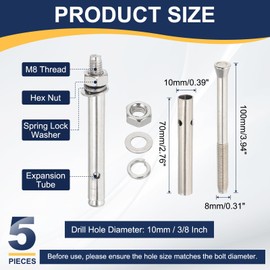 PATIKIL M8 x 100mm 304 Stainless Steel Expansion Bolts, 5 Pcs External Hex Expansion Screw Bolt Sleeve Lengthened for Concrete Drywall Construction Projects, Silver