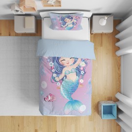 DJDEA Mermaid Cot Bed Duvet Cover Set 120x150cm, Children Girls Toddler Bedding Set Cute Mermaid Pattern Design Blue Soft Microfibre Bedding Quilt Cover with Matching Pillowcase 40x60cm