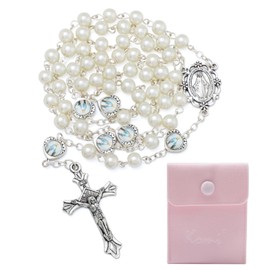 KOMI Virgin Mary Catholic Rosary Necklace with Velvet Bag 6mm White Glass Pearl Rosary Beads for Women First Communion Gifts
