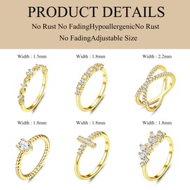 Dochais Women's Gold Ring Set, Waterproof Stackable Rings, 14K Gold-Plated Cubic Zirconia Diamond Ring, Women, Knuckle Rings, Thumb Ring, Finger Ring, Simple Statement Ring, Gold Jewellery Gifts, Size