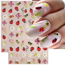 Spring Flower Nail Art Stickers Decals 5D Bee Floral Nail Stickers 2PCS Cartoon Ladybug Butterfly Design Self-Adhesive Nail Decals Daisy Tulip Manicure Supply for Women Summer DIY Nail Art Decorations