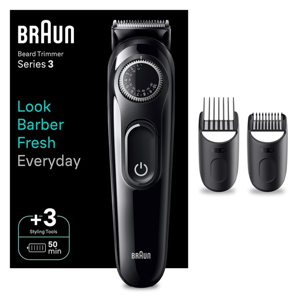 Braun Beard Trimmer Series 3 3410, Electric Beard Trimmer for Men, Incl. Ultra-Sharp Blade, 40 Length Settings, Styling Tools, Rechargeable 50-min Cordless Runtime & Washable