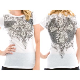 Vocal Top Size S White Cross Tribal Wings Rhinestone Embellished Womens Shirt