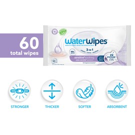 WaterWipes Sensitive+ Soothing Wipes, 3-In-1 Cleans, Cares, Soothes, 99% Water with Botanical Extract, Unscented & Hypoallergenic Baby Wipes, 60 Count (1 Pack)