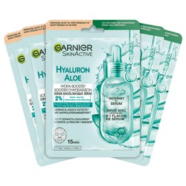 Garnier Tuchmaske, Gesichtsmaske für alle Hauttypen, Erfrischend und feuchtigkeitsspendend, Mit Hyaluronsäure und Aloe Vera, Hydra Bomb, 5x28g