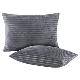 BaSaTex Winter Plush Cushion Covers, Pack of 2, 40 x 60 cm, Cashmere Touch Coral Fleece, Rip-Corduroy, Sofa Cushion, Couch Cushion, Decorative Cushion Cover, Zip, Anthracite