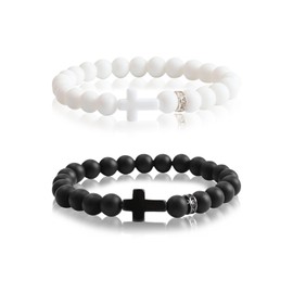 WANDIC 2 Pcs Cross Beads Bracelet, Black White Elastic Christian Bracelet Adjustable Cross Jesus Wristband for Women Men Jewelry Gifts