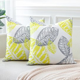 Sungeek Pack of 2 Leaf Print Decorative Cushion Covers Soft Pillow Covers with Invisible Zipper Square Throw Pillow Cases for Sofa Bed Patio Farmhouse Outdoor (Yellow+Grey, 45x45 cm)
