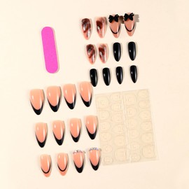 French Tip Press on Nails Black Almond Shape Fake Nails Bow Nail Charms Design Glossy Artificial Nails Reusable Acrylic Press on Nails Medium Glue on Nails Cute Bow False Nails for Women 24Pcs