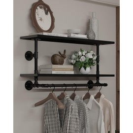 TEDIDUWA Clothes Rack 36in, 2-Tier Wall Mounted Garment Rack with Real Wood Shelf, Heavy Duty Hanging Clothes Rack, Multi-Purpose Hanging Rod, Space-Saving Closet Storage