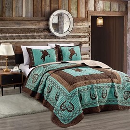 LinenTopia 3 Piece King Size Quilt Bedspread Set with 2 Pillow Shams, Western Design Collection, Wild Horse Country/Horseshoe/Star/Cowboy Design, (Western, K, Coffee|Dk Brown|Turq)