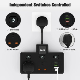 Plug Extension Socket with 4 USB Slots, BOCHLION 2 Way Multi Plug Adapter with Flexible Plug, Surge Protected Extension Lead with PD 20W USB C, Independent Switches and Night Light for Home,Black
