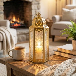 VELA LANTERNS 10.5" Gold Moroccan Candle Lantern Decorative Candle Holder Lamp for Table or Hanging, Ramadan Decorations, Indoor Home Decor, Outdoor Patio or Porch, Weddings, Clear Glass, Medium