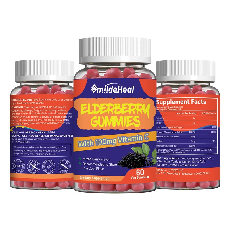 SmildeHeal Elderberry Gummies, Elderberry Extract 300mg, with Vitamin C and