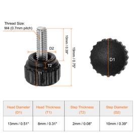 HARFINGTON 10pcs Knurled Clamping Knobs Thumb Screws M4 x 10mm Metric Male Thread 13mm Matte Plastic Head 304 Stainless Steel Stud Hand Threaded Knob Thumbscrew Handle, Black