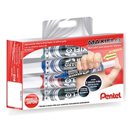 Marcador Pentel MaxiFlo para Pizarrón Blanco Tecnología Tinta Continua Blíster Pack con 04 Piezas Color MIX-MWL6BP4-M