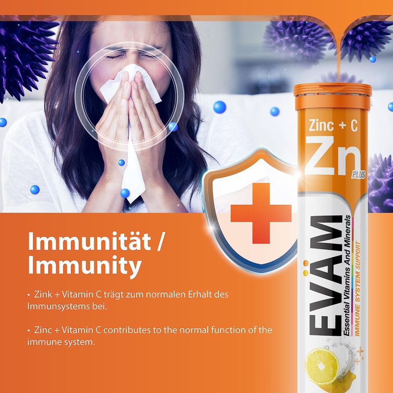EVÄM Zinc Plus Vitamin C Effervescent Tablets, Lemon Flavour, 3