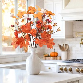 8PCS Fall Stems for Vases with Berry, 16'' Yellow Orange Red Maple Leaves Pumpkin Floral Picks Fall Branches Decorations for Autumn Harvest Wedding Thanksgiving Holiday Home Arrangement Indoor Decor