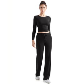 SUUKSESS Women 2 Piece Lounge Matching Sets Going Out Long Sleeve Tops Straight Wide Leg Pants (Black, XS)