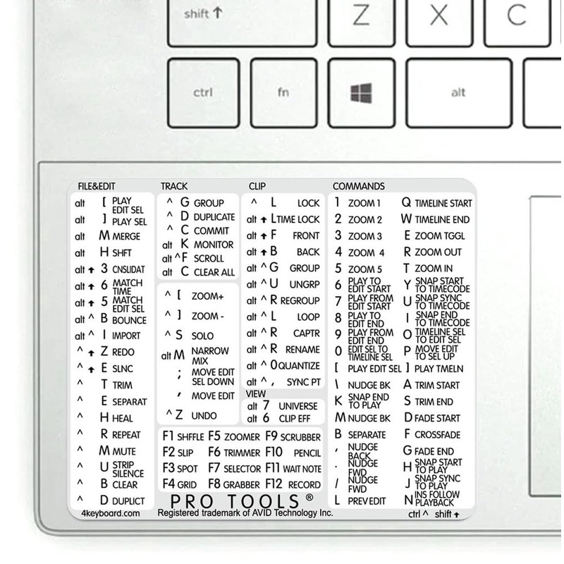 Pro Tools Reference Keyboard Hotkeys Decals for Windows Black, White