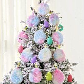 Easter Decorations Plush Tree Ornaments: 12pcs Colorful Faux Fur Spring Easter Decorations, Plush Decorative Egg Ornaments for Tree Topper, Kids Girls Home School Office Party Supplies, NOT 3D Ball