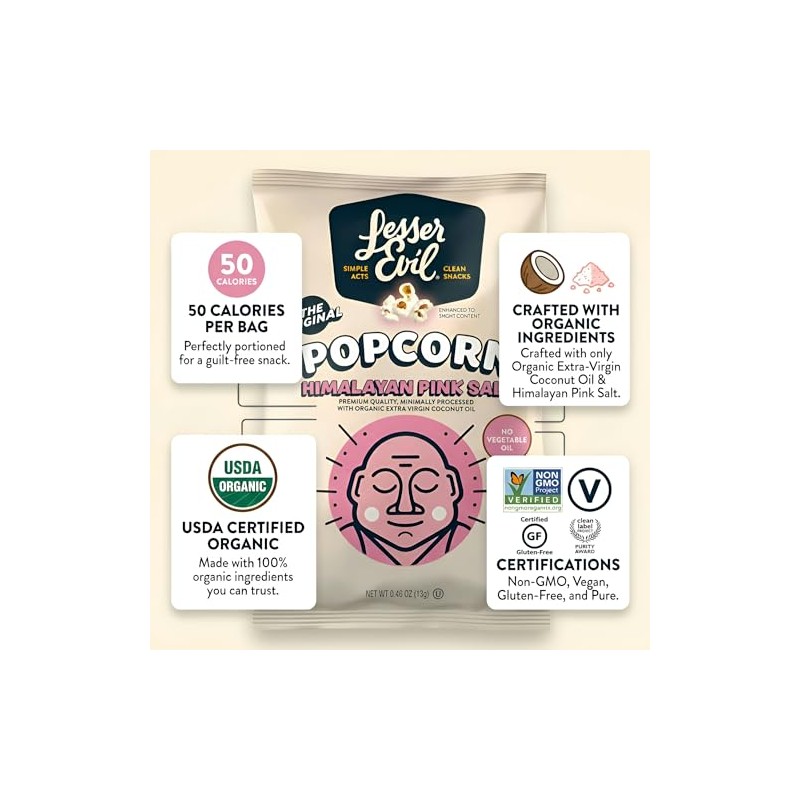 Lesserevil Organic Popcorn, 0.46oz Bulk Foodservice Case, 96 Bags (Himalayan