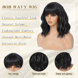 Black Wigs With Bangs Short Wavy Wig for Women 14 Inch Black Curly Shoulder Length Bob Wigs Synthetic fiber Hair for Daily Party Use
