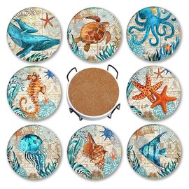 Coasters for Drinks, Round Absorbent Ceramic Stone Coasters with Cork Base, Funny Drink Coasters with Holder for Cold Drinks Wine Mugs and Cups Tabletop Protection, 4 Inches (Blue Set of 8)