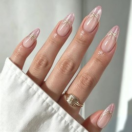Uñas Postizas con Punta Francesa, Uñas Press on para Manos, Cortas y Puntiagudas en Forma de Almendra con Acabado UV, Kit de Uñas Semitransparentes de