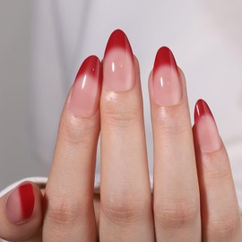 30Pcs French Tip Press on Nails Medium Almond Fake Nails Red Nails Tips Press ons Glossy Full Cover Acrylic Nails Ombre Glue on Nails Natural Almond Nails False Nails for Women in 15 Sizes