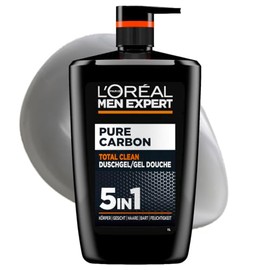 L'Oréal Paris, Men Expert, Pure Carbon Total Clean Shower Gel with Carbon 5-in-1, Carbon-Enriched, Multifunctional Cleansing Gel for Face and Body, for Men, 1 L