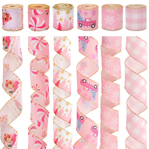 KINGLAKE 30 Yards Pink Christmas Wired Ribbon for Wreath Bows