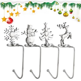 Pack of 4 Silver Christmas Stocking Holders, Iron Christmas Stocking Holder, Fireplace, Christmas Stockings Hanger with 4 Patterns, Holder Christmas Stocking for Christmas Stockings, Fireplace,